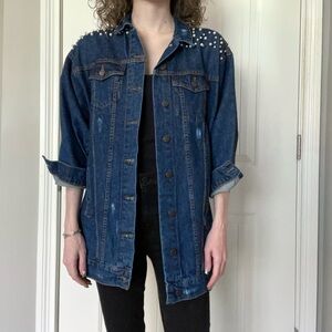 Oversized dark wash denim jacket with pearl embellishments